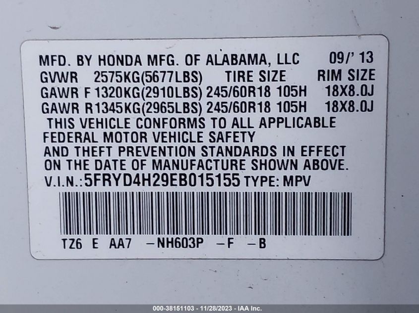 2014 ACURA MDX - 5FRYD4H29EB015155