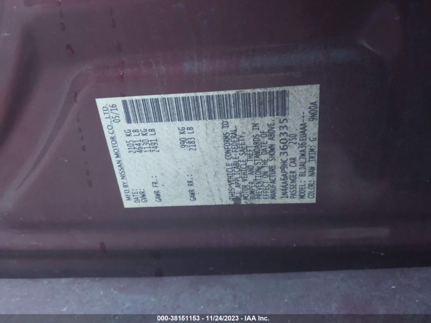 2017 NISSAN MAXIMA 3.5S/SV/SL/SR/PLAT - 1N4AA6AP9HC360335