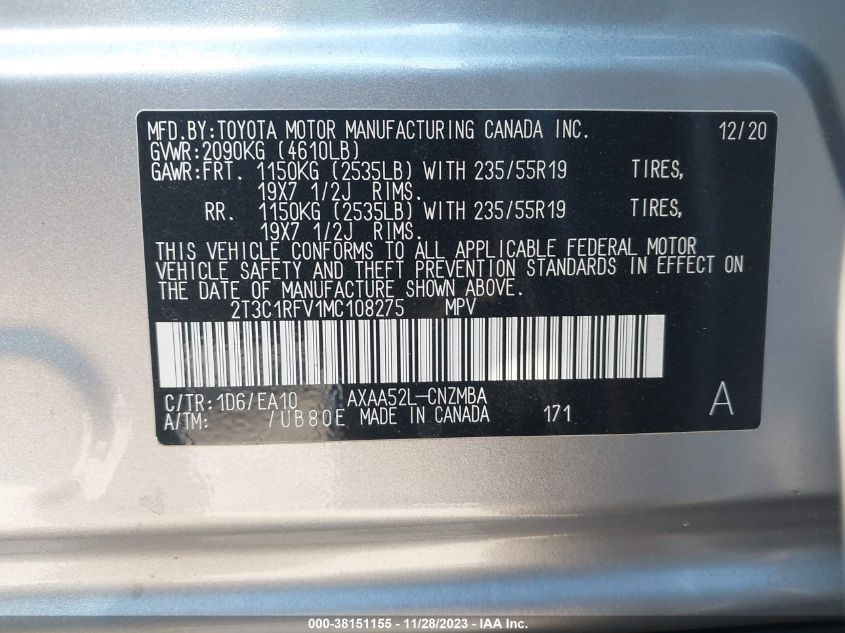 2021 TOYOTA RAV4 XLE PREMIUM - 2T3C1RFV1MC108275
