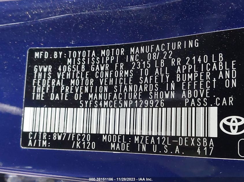 2022 TOYOTA COROLLA SE - 5YFS4MCE5NP129926