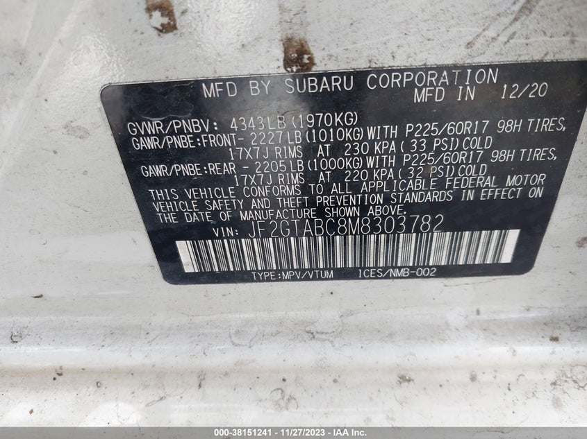 VIN JF2GTABC8M8303782 2021 SUBARU CROSSTREK