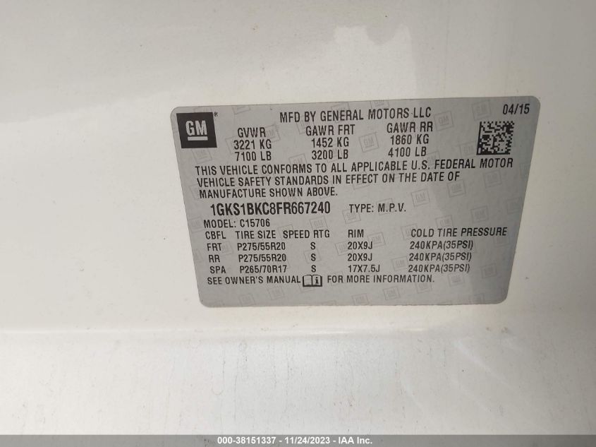 2015 GMC YUKON SLT - 1GKS1BKC8FR667240