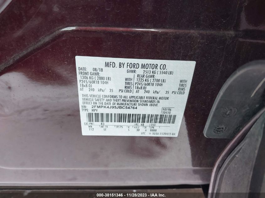 VIN 2FMPK4J95JBC54764 2018 FORD EDGE SEL