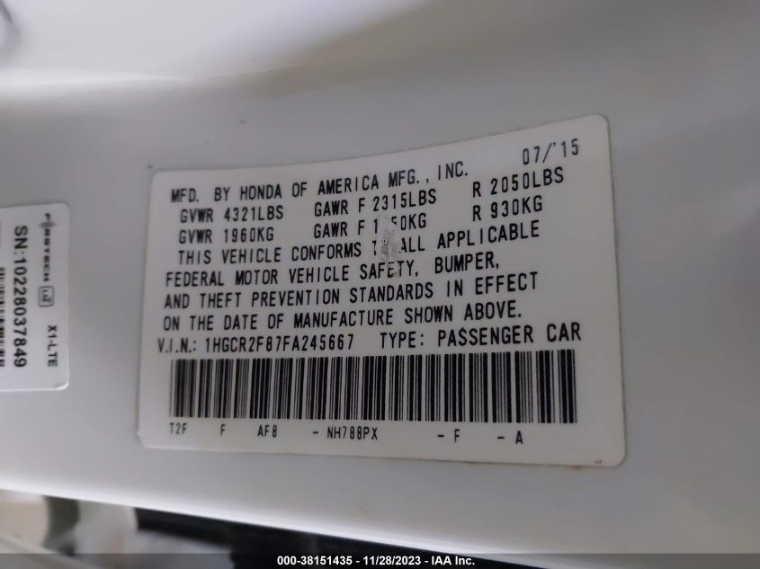 2015 HONDA ACCORD EX-L - 1HGCR2F87FA245667