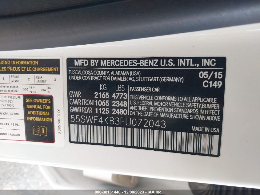 2015 MERCEDES-BENZ C-CLASS C 300 55SWF4KB3FU072043