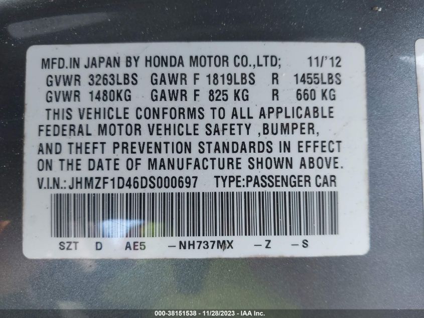 2013 HONDA CR-Z JHMZF1D46DS000697