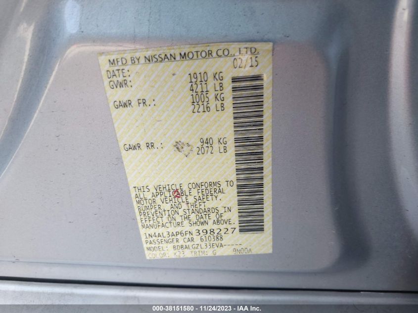 2015 NISSAN ALTIMA 2.5/2.5 S/2.5 SL/2.5 SV - 1N4AL3AP6FN398227