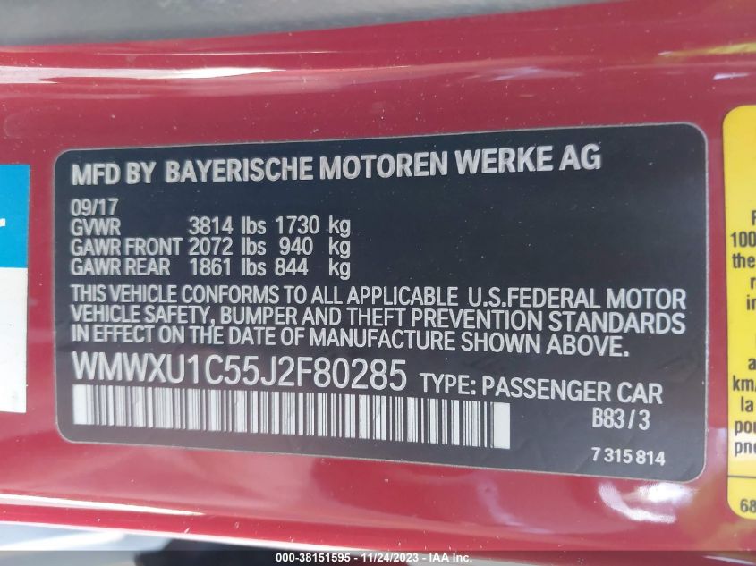 VIN WMWXU1C55J2F80285 2018 MINI HARDTOP COOPER