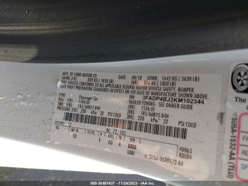 2019 FORD FIESTA SE - 3FADP4BJ3KM102344