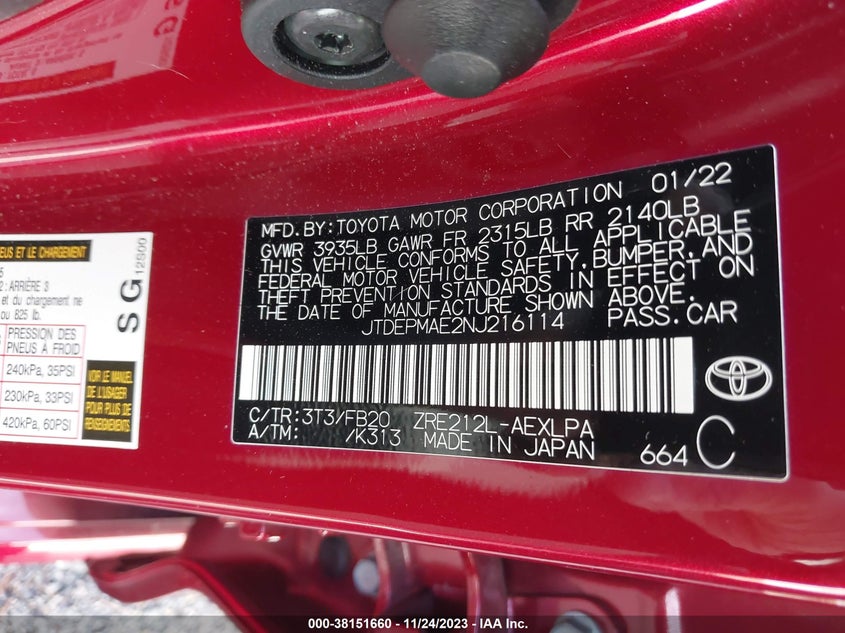 VIN JTDEPMAE2NJ216114 2022 TOYOTA COROLLA LE