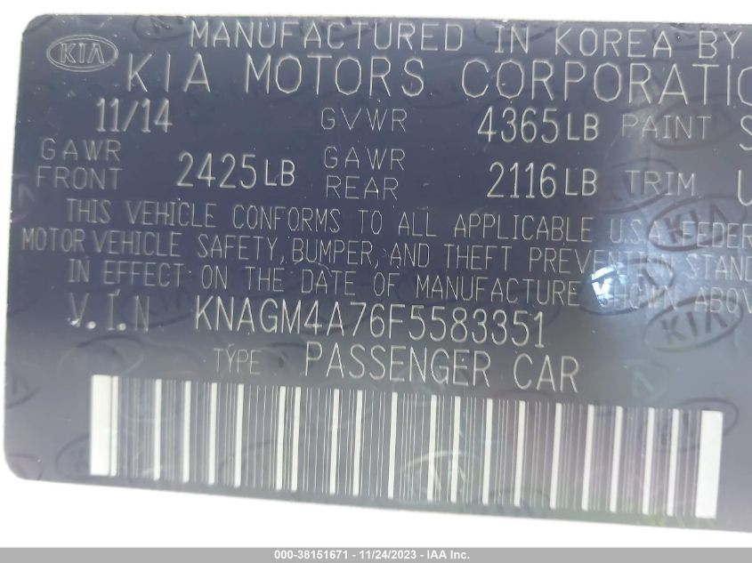 2015 KIA OPTIMA LX - KNAGM4A76F5583351