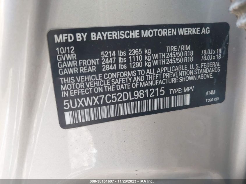 2013 BMW X3 XDRIVE35I - 5UXWX7C52DL981215