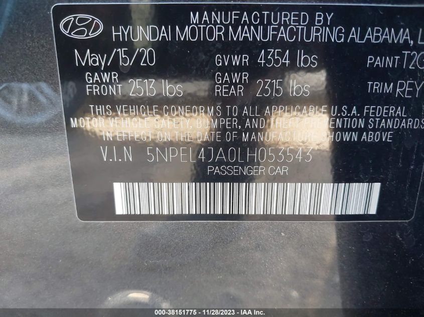 2020 HYUNDAI SONATA SEL - 5NPEL4JA0LH053543