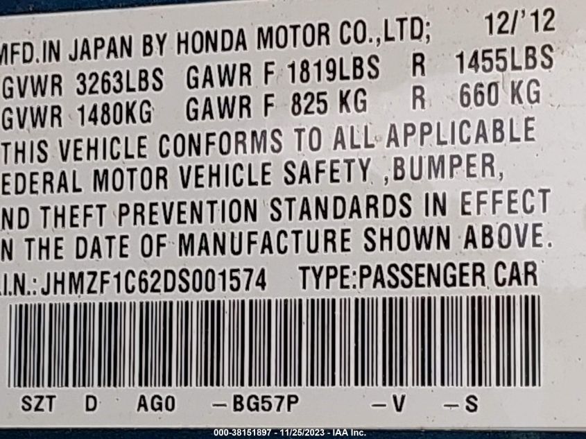 2013 HONDA CRZ EX JHMVF1C62DS001574