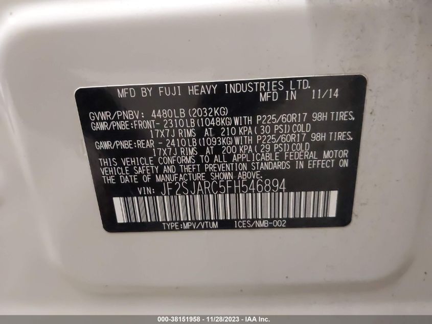 2015 SUBARU FORESTER 2.5I LIMITED - JF2SJARC5FH546894