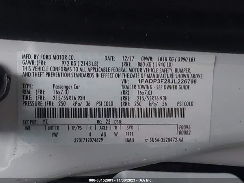 2018 FORD FOCUS SE - 1FADP3F28JL226798
