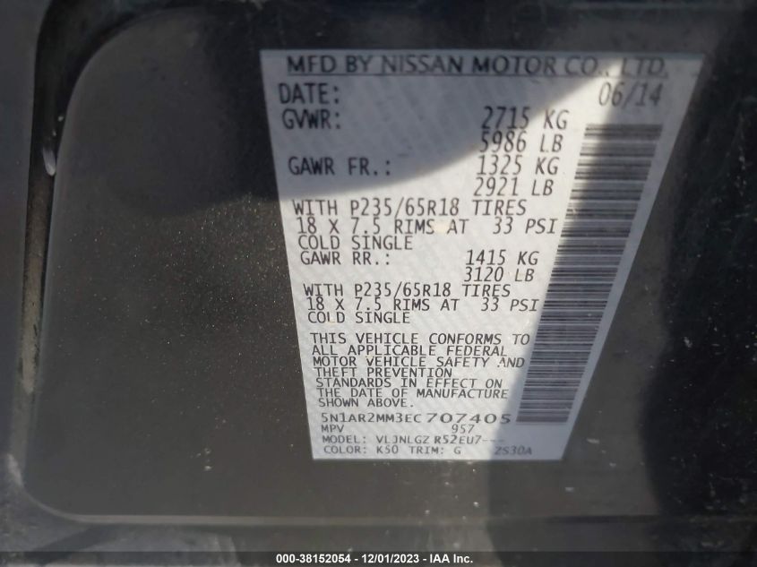 2014 NISSAN PATHFINDER SL - 5N1AR2MM3EC707405