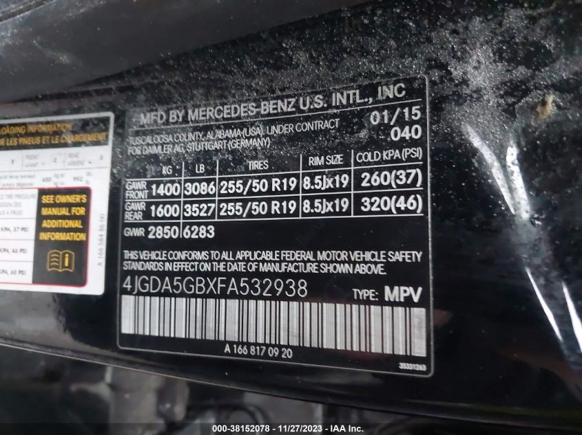 2015 MERCEDES-BENZ ML 400 4MATIC - 4JGDA5GBXFA532938