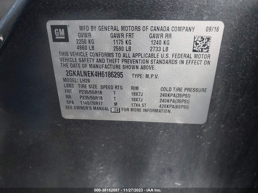 VIN 2GKALNEK4H6186295 2017 GMC TERRAIN SLE