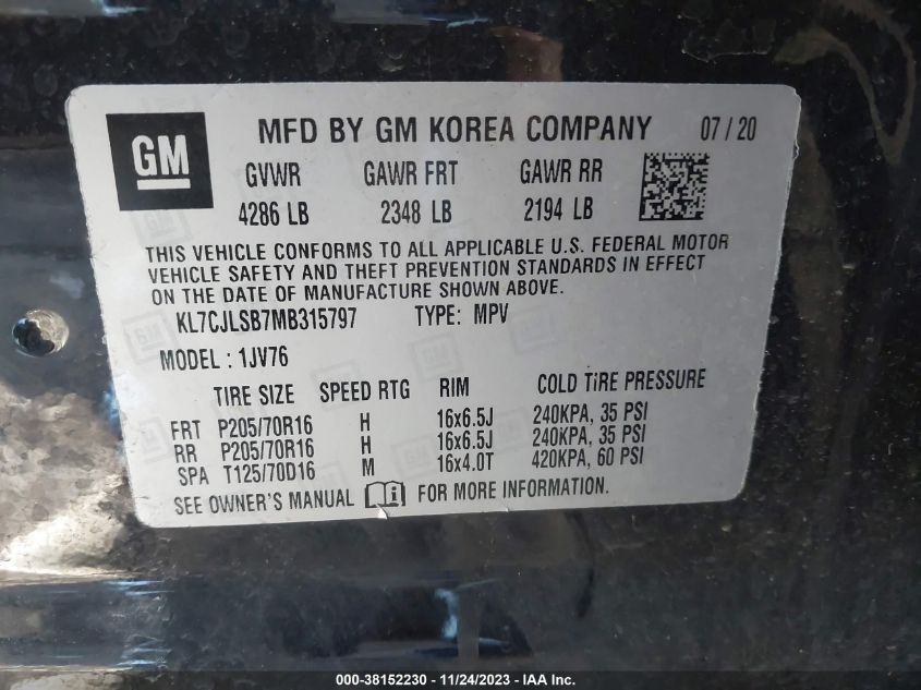 2021 CHEVROLET TRAX 1LT - KL7CJLSB7MB315797