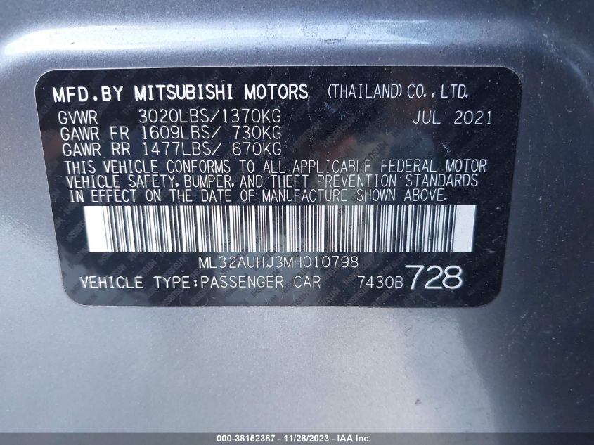 2021 MITSUBISHI MIRAGE ES/LE/CARBONITE EDITION - ML32AUHJ3MH010798