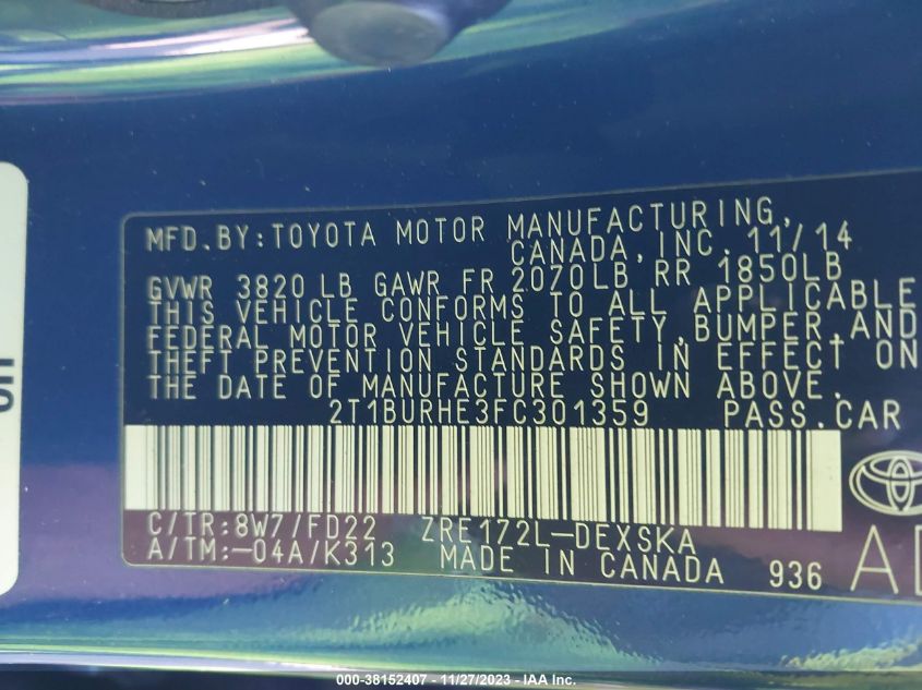 2015 TOYOTA COROLLA L/LE/S/S PLUS/LE PLUS - 2T1BURHE3FC301359