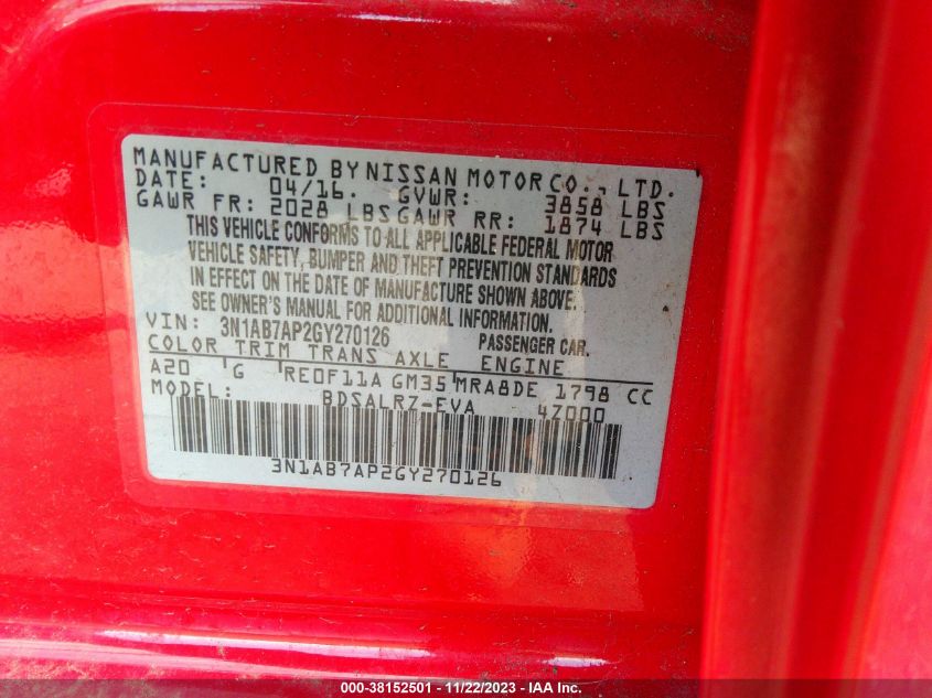 2016 NISSAN SENTRA S/SV/SR/SL - 3N1AB7AP2GY270126