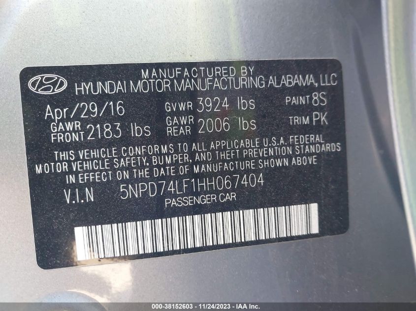 2017 HYUNDAI ELANTRA SE - 5NPD74LF1HH067404