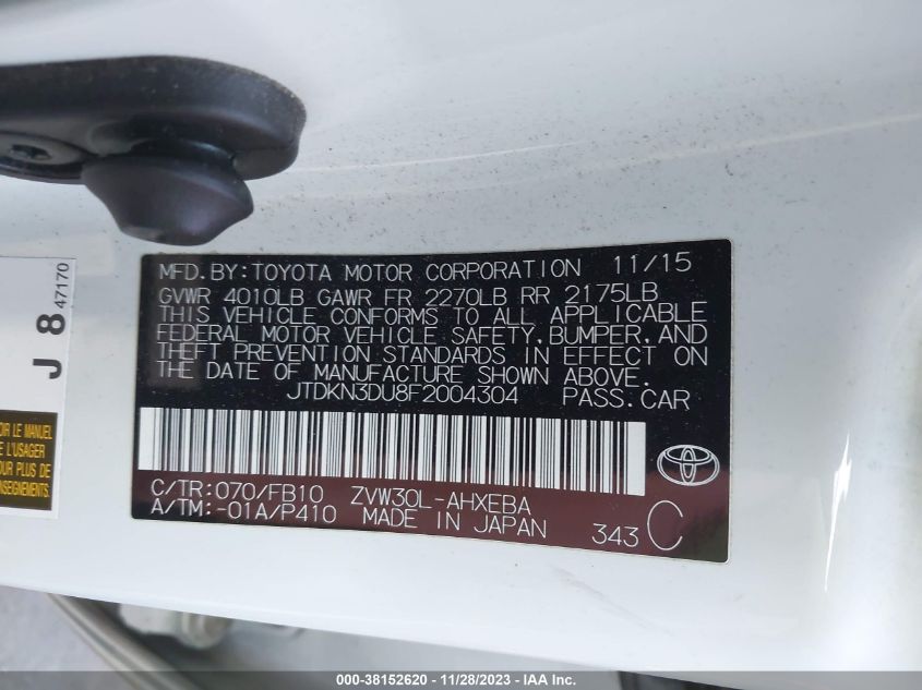 2015 TOYOTA PRIUS THREE - JTDKN3DU8F2004304