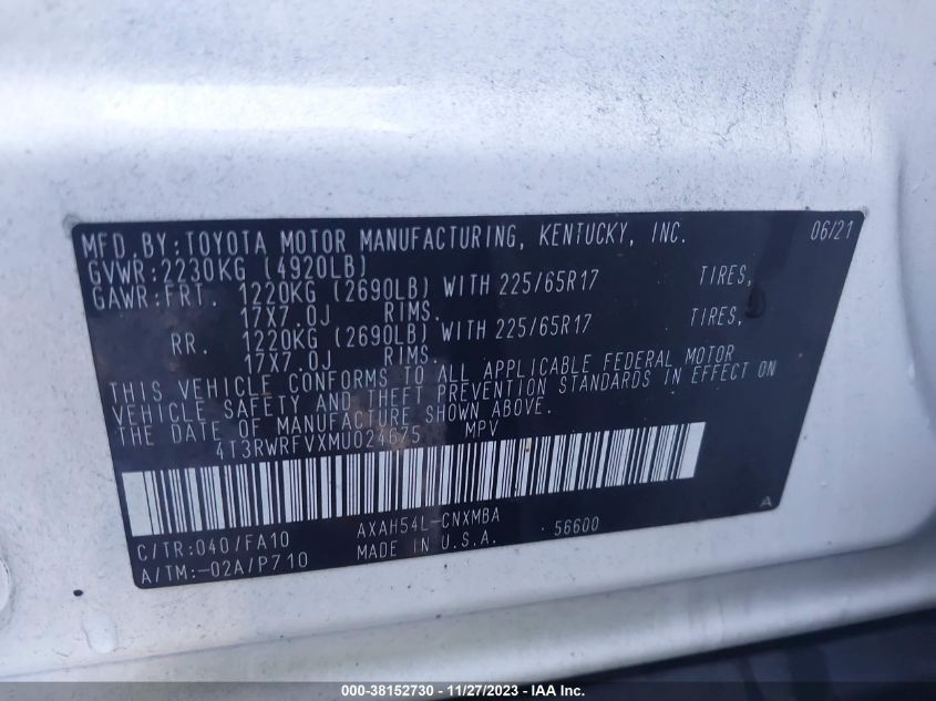 2021 TOYOTA RAV4 XLE - 4T3RWRFVXMU024675