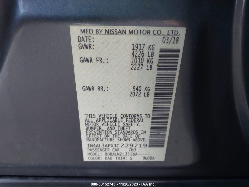 2018 NISSAN ALTIMA 2.5/S/SV/SL/SR - 1N4AL3APXJC229719
