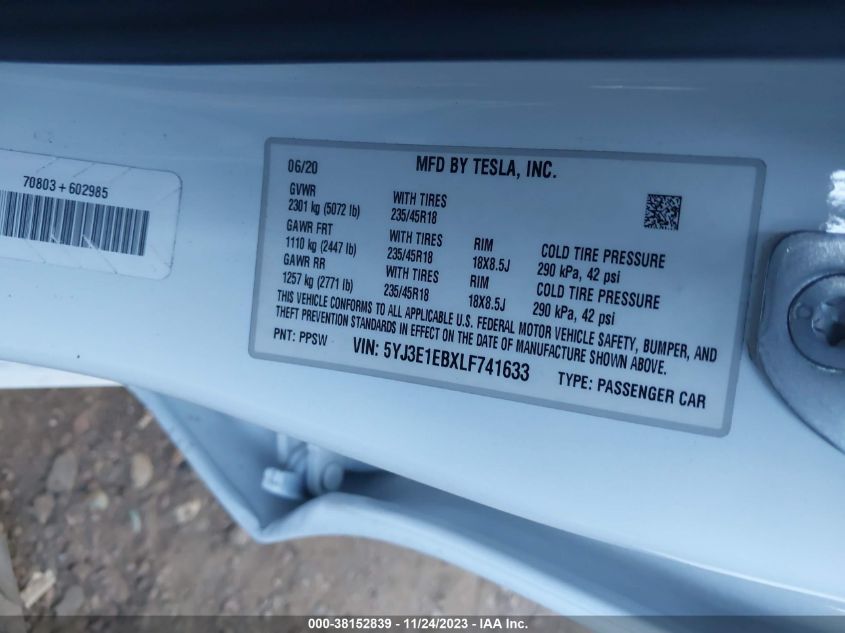 2020 TESLA MODEL 3 - 5YJ3E1EBXLF741633