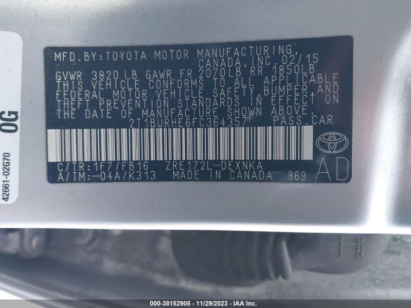 2015 TOYOTA COROLLA L/LE/LE PLS/PRM/S/S PLS - 2T1BURHE6FC364357