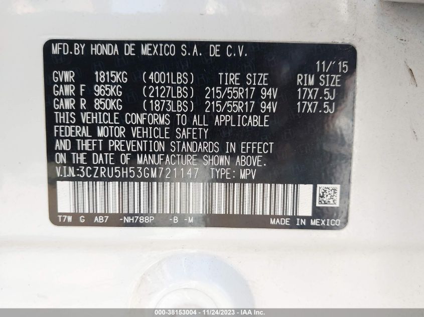 2016 HONDA HR-V LX - 3CZRU5H35GM721147