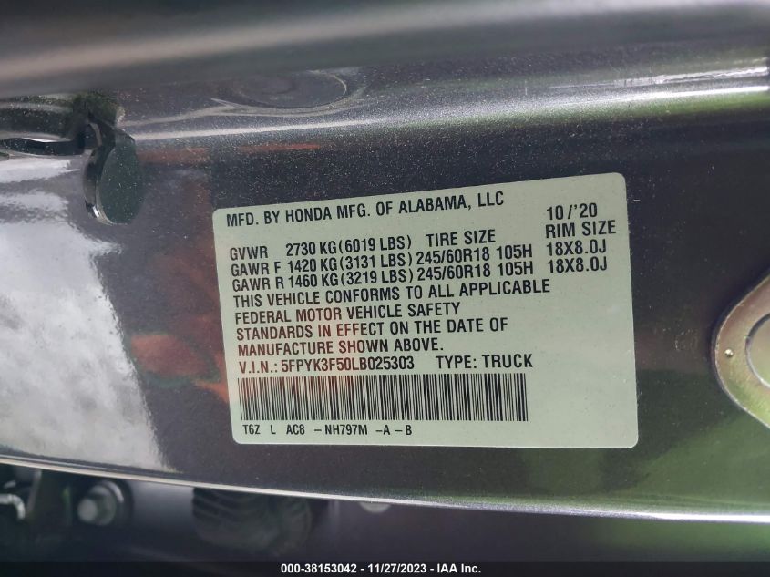2020 HONDA RIDGELINE RTL - 5FPYK3F50LB025303