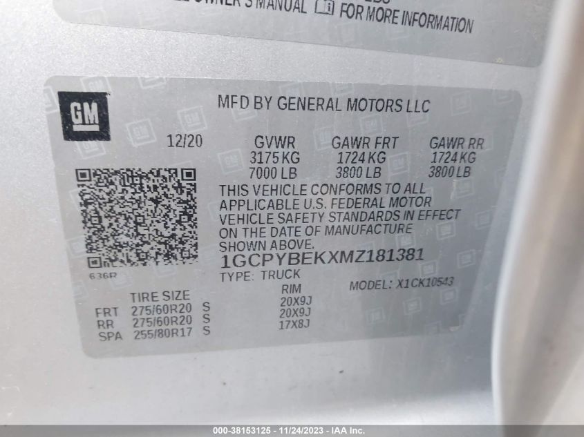 2021 CHEVROLET SILVERADO 1500 4WD  SHORT BED CUSTOM - 1GCPYBEKXMZ181381