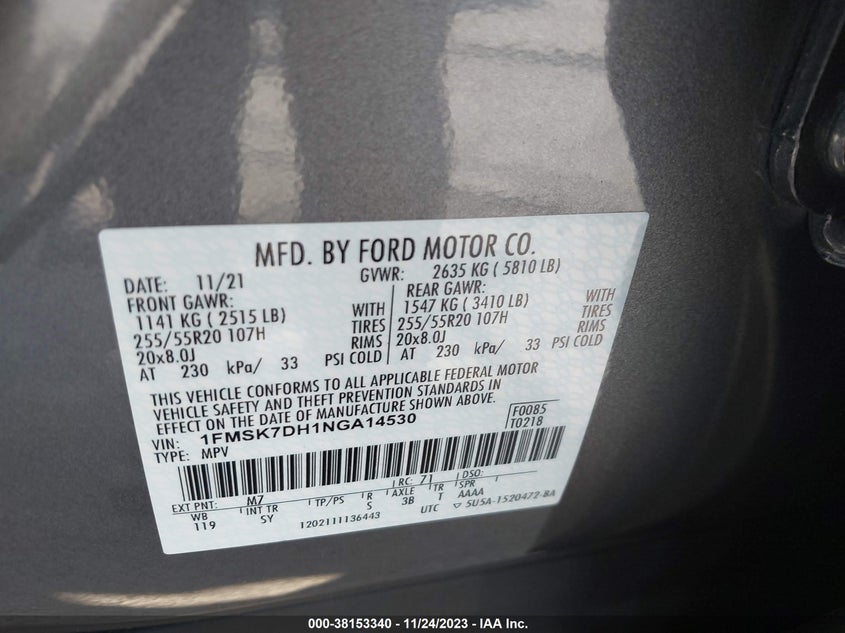 VIN 1FMSK7DH1NGA14530 2022 FORD EXPLORER XLT