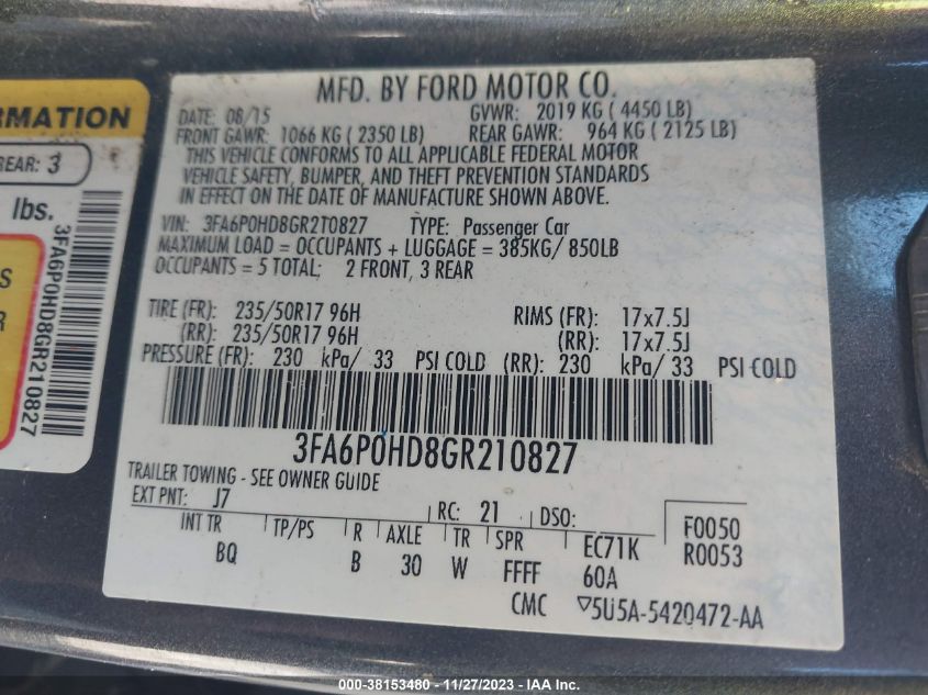 2016 FORD FUSION SE - 3FA6P0HD8GR210827