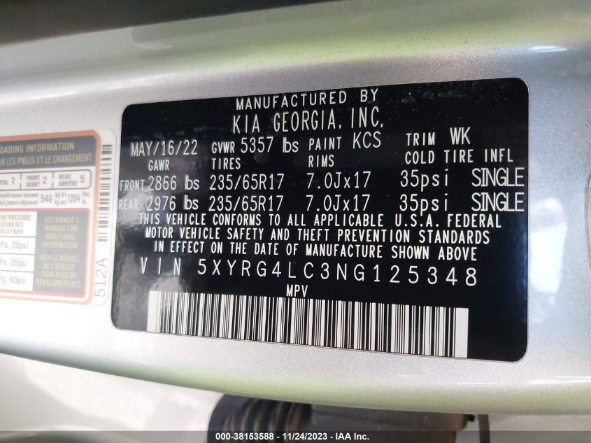 2022 KIA SORENTO LX - 5XYRG4LC3NG125348