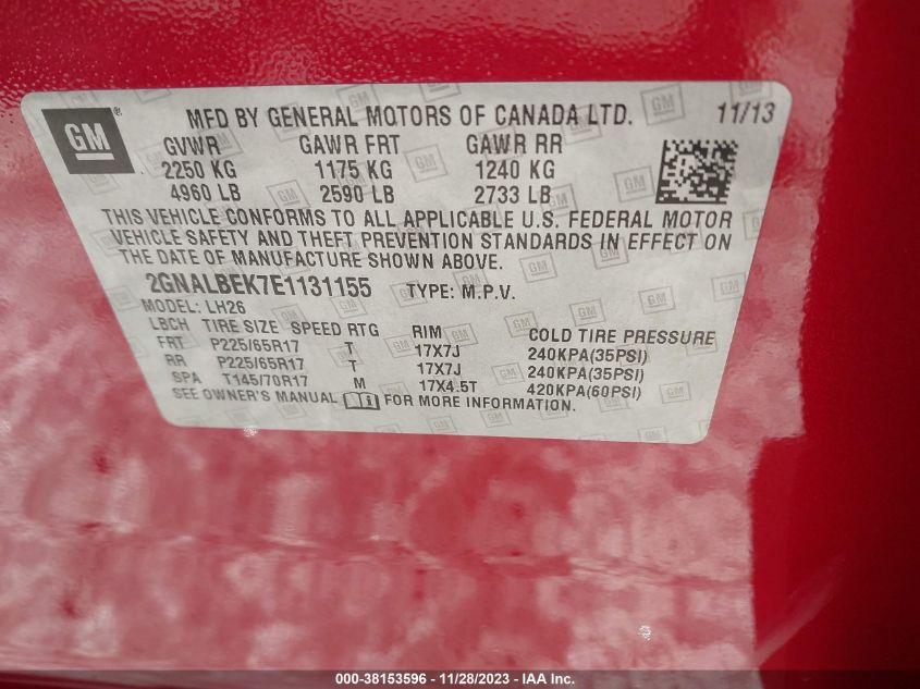 2014 CHEVROLET EQUINOX LT - 2GNALBEK7E1131155