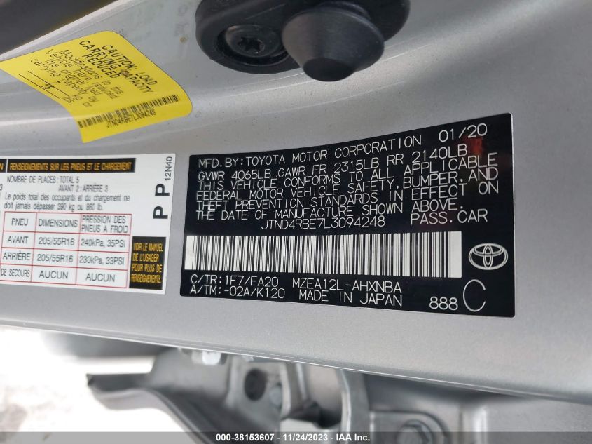 2020 TOYOTA COROLLA SE - JTND4RBE7L3094248