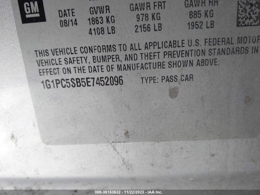 2014 CHEVROLET CRUZE 1LT AUTO - 1G1PC5SB5E7452096