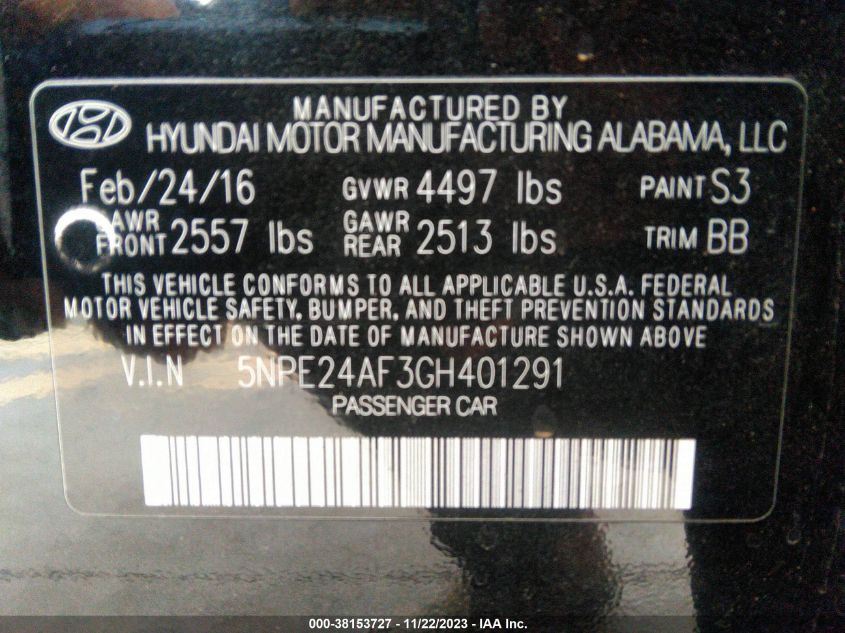 2016 HYUNDAI SONATA SE - 5NPE24AF3GH401291