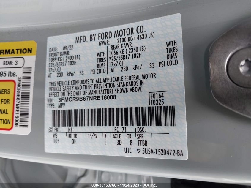 2022 FORD BRONCO SPORT BIG BEND - 3FMCR9B67NRE16008