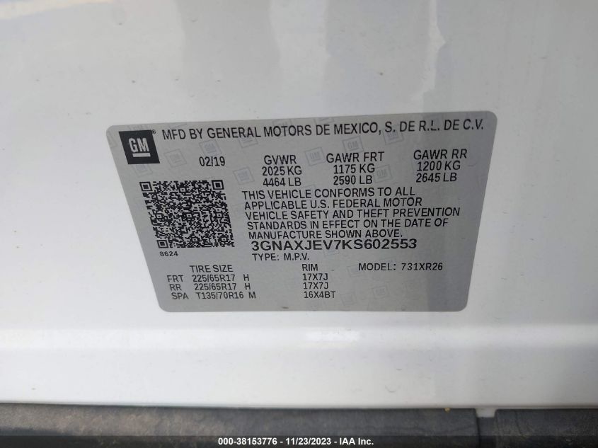 2019 CHEVROLET EQUINOX LT - 3GNAXJEV7KS602553