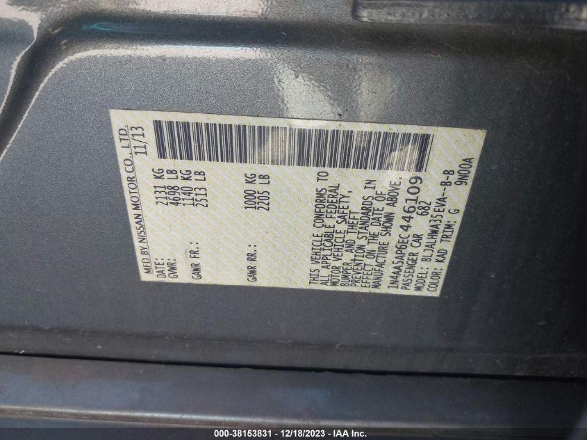 2014 NISSAN MAXIMA S/SV - 1N4AA5AP6EC446109