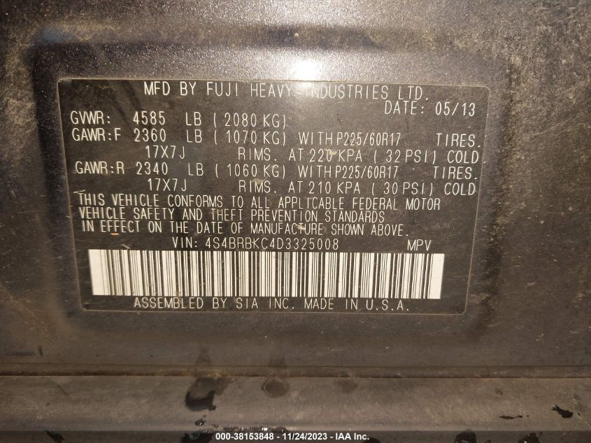 2013 SUBARU OUTBACK 2.5I LIMITED - 4S4BRBKC4D3325008