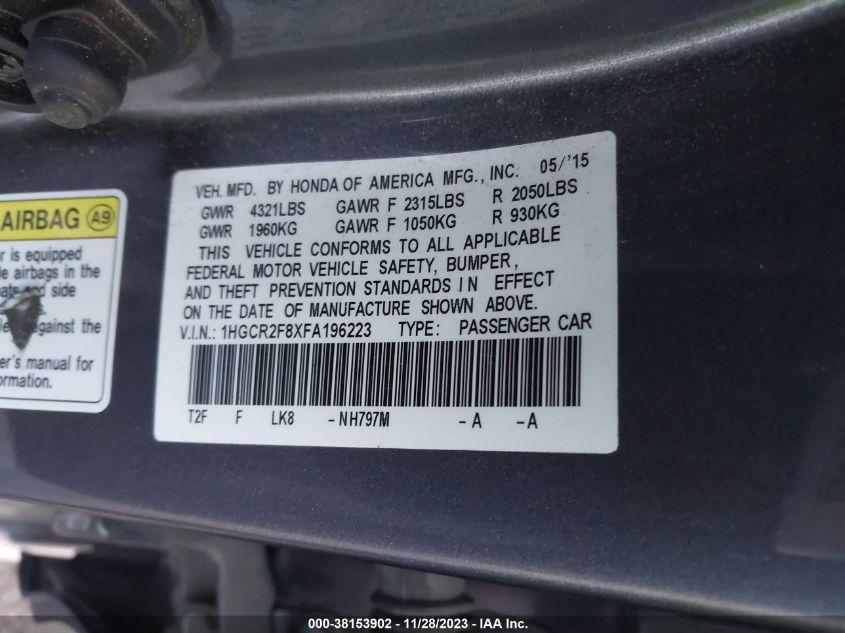 2015 HONDA ACCORD EX-L - 1HGCR2F8XFA196223