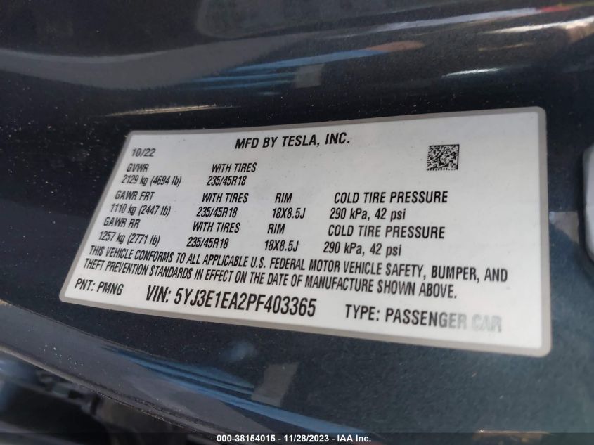 2023 TESLA MODEL 3 REAR-WHEEL DRIVE - 5YJ3E1EA2PF403365
