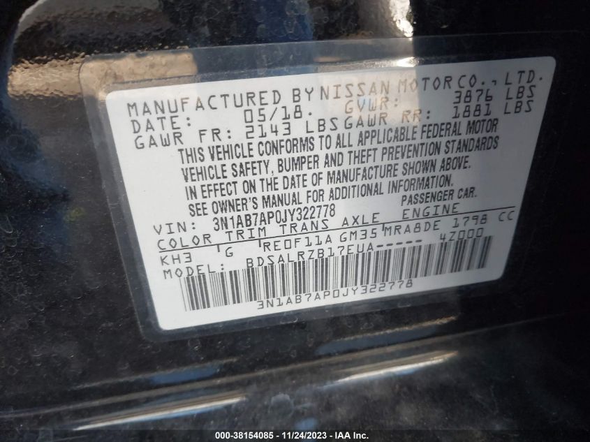 2018 NISSAN SENTRA S/SV/SR/SL - 3N1AB7AP0JY322778